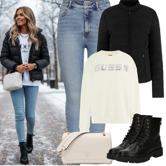 Jednobarevný Outfit s Modrá/Světle modrá Džíny s Rozparkem/Navlékací džíny/Dámské Džíny s Délkou 7/8/High Waist Džínové Kalhoty/Zkrácené Džíny/Kotníková Bota/Kožená bunda/Push up Džín Only "zimní oblečení"