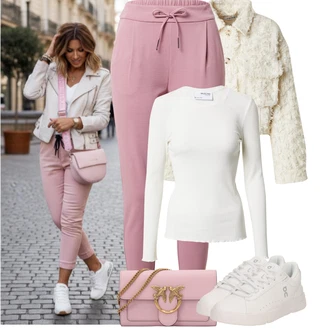 Jednobarevný Outfit s Béžová/Bílá Nezařazené Edited, Růžová/Fialová VERO MODA, Krémová/Bílá/Oranžová/Khaki Jednoduchý top/Pletený top/Pletené tričko/Košile s dlouhým rukávem/Roláková Košile/Košilový top SELECTED FEMME/Selected "zimní oblečení"