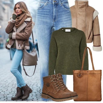 Outfit s Světle Modrá/Modrá Džíny s Rozparkem/Džíny s Dírou/Push up Džín/Kožené Boty/Navlékací džíny/Kotníková Bota/Kožená Pánská Bund/Kožená bunda/Zimní bunda/High Waist Džínové Kalhoty VERO MODA "zimní oblečení"