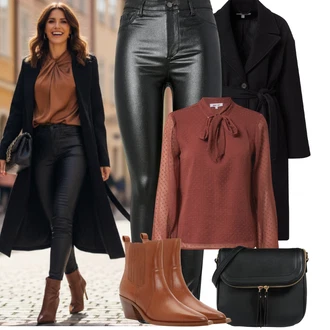 Jednobarevný Outfit s Červená/Hnědá Halenka s Mašlí/Zavazovací Halenka About You, Černá/Hnědá Taška/Klasická Taška Přes Rameno/Brašna/Sportovní Taška Přes Rameno About You "zimní oblečení"