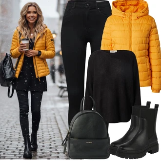 Outfity z džínu Zima s Žlutá/Oranžová About You, Černá Chelsea Boty/Kotníková Bota s Podšívkou About You "zimní oblečení"