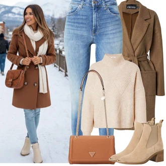 Móda pro plnoštíhlé Outfit s Hnědá/Oranžová/Khaki/Béžová Jednoduchý Svetr/Svetr s límečkem/Hrubě pletený svetr/Kašmírový Svetr/Mohair Pullover/Svetr Carmen/Plyšový svetr/Rolák/Zimní Svetr/Vlněný Svetr/Basic Svetr/Pletený Svetr/Svetr Niki/Teddy Svetr About You "zimní oblečení"