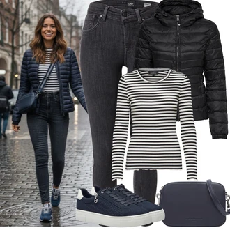 Kulatý výstřih Outfit s Fialová/Hnědá/Černá/Bílá/Tmavě modrá Pruhované Tričko SELECTED FEMME/Selected "zimní outfit"