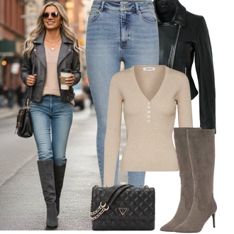 Outfit s Modrá/Světle modrá Džíny s Rozparkem/Navlékací džíny/Dámské Džíny s Délkou 7/8/High Waist Džínové Kalhoty/Zkrácené Džíny/Kotníková Bota/Kožená bunda/Push up Džín Only "zimní oblečení"