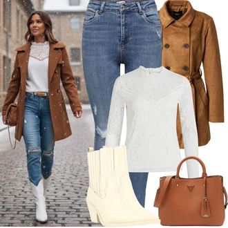 Outfity z džínu Zima s Krémová/Bílá Halenka s Dlouhým Rukávem/Halenka se Stojatým Límcem/Krajková Tunika/Krajková Halenka/Dětská hračka Vila "zimní oblečení"