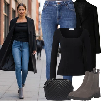 90tá léta, Styl Outfit s Modrá/Tmavě modrá/Světle modrá Džíny s Rozparkem/Push up Džín/Kožené Boty/Navlékací džíny/Kožená bunda/Zimní bunda/High Waist Džínové Kalhoty/Dámské Džíny s Délkou 7/8 Vila "zimní outfit"Look: Styl, 90tá léta, Ležérní, Cool, Francouzské, Krásný, Old Money, Bezešvé, Skromné