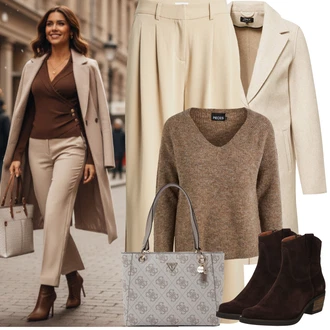 Outfit s Khaki/Béžová Lehký Kabát/Přechodový Kabát/Vlněný Fleecový Kabát/Kašmírový Kabát/Midi Kabát/Vintage Kabát/Vlněný Kabát/Lodenový Kabát Only "zimní oblečení"