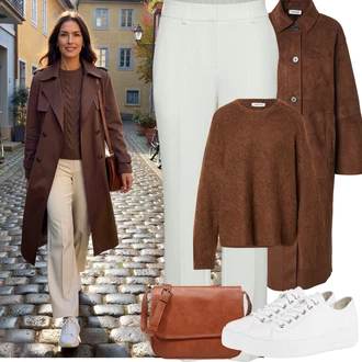 Bar Outfit s Hnědá/Béžová Bagetová taška/Taška/Klasická Taška Přes Rameno/Taška Na Notebook/Kancelářská Taška/Brašna/Sportovní Taška Přes Rameno About You, Bílá/Krémová/Stříbrný Úzká teniska/Teniska na platformě/Tenisky s Bočním Zipem/Nízká Teniska/Kožené tenisky/Plátěná teniska Paul Green "zimní outfit"Look: Bar, Koncert, Škola, Pohřeb, Svatba