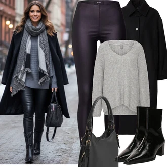 Outfit s Černá/Tmavě zelená/Tmavě šedá/Khaki Tregíny/Legíny Vinylový Legín/Legíny Kožený Vzhled/Legíny s Rozparkem/Kalhoty z Umělé Kůže/Kožený Legíny Object "zimní outfit"