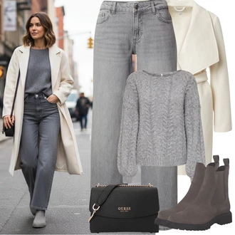 Klasické Outfit s Bílá/Krémová/Béžová Lehký Kabát/Pletený Kabát/Kašmírový Kabát/Vlněný Fleecový Kabát/Vlněný kabát/Pletený Fleecový Kabát Vila "zimní outfit"Look: Cool, Klasické, Moderní, Příliš oblečený, Univerzitní, Business, Kancelář