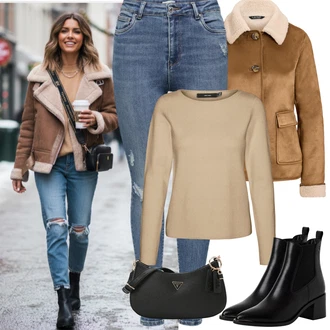 Outfity na zimu s Modrá/Světle modrá Džíny s Dírou/Push up Džín/Kotníková Bota/Dámské Džíny s Délkou 7/8/Kožená bunda/Zkrácené Džíny/Džíny s Rozparkem/High Waist Džínové Kalhoty/Kožené bundy Only "zimní outfit"