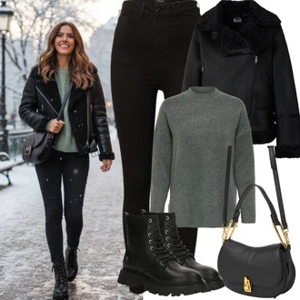 Koncert Outfit s Černá Kožené Boty/Sweat Džíny/Termální Džíny/Motorkářské Džíny/Kožená bunda/High Waist Džínové Kalhoty VERO MODA "zimní oblečení"Look: Bar, Koncert, Elektro, 18. narozeniny