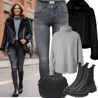 Outfity z džínu s Šedá/Světle šedá/Tmavě šedá Kožená bunda/Zimní bunda/Kotníková Bota/Džíny s Nízkým Sedem/Kožené Boty/Kožená Pánská Bund/Slim Fit Džíny/Termální Džíny/Motorkářské Džíny/Push up Džín/Džíny s Rozparkem Only "zimní outfit"