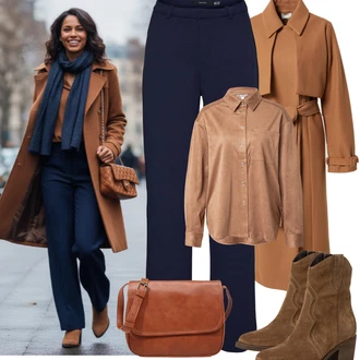 Bar Outfit s Hnědá/Béžová Nezařazené kendall for about you , Tmavě modrá Pohodlná Kalhoty/Sportovní kalhoty/Tréninková Kalhoty/Žerzejová Kalhoty/Navlékací Kalhoty/Dlouhá Kalhoty/Rovná Kalhoty VERO MODA, Hnědá/Béžová Bagetová taška/Taška/Klasická Taška Přes Rameno/Taška Na Notebook/Kancelářská Taška/Brašna/Sportovní Taška Přes Rameno About You "zimní outfit"Look: Bar, Koncert, Den matek, Zvláštní příležitosti, Škola, Den na pláži, Biřmování, Chatky, Elektro, 40. narozeniny