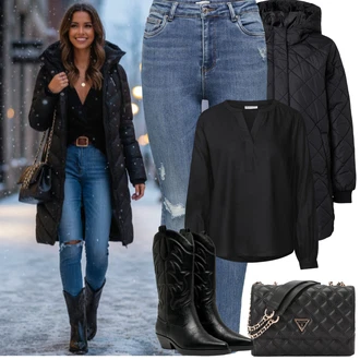 Outfit s Modrá/Světle Modrá Džíny s Dírou/Push up Džín/Kotníková Bota/Dámské Džíny s Délkou 7/8/Kožená bunda/Zkrácené Džíny/Džíny s Rozparkem/High Waist Džínové Kalhoty/Kožené bundy Only "zimní oblečení"