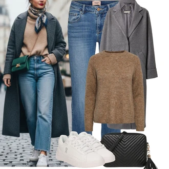 Šik Od 50 let Outfit s Černá/Hnědá/Bílá Ledvinka/Klasická Taška Přes Rameno/Malá Taška/Taška na telefon/Brašna/Sportovní Taška Přes Rameno About You "zimní oblečení"Look: Rad, 20 léta, Šik, Elegantní, Cool, Disko, Old Money