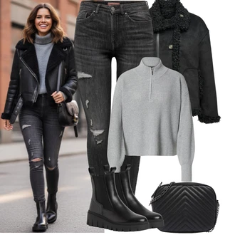 Lumberjack Outfit s Černá/Světle šedá/Tmavě šedá/Šedá Kožené bundy/Džíny s Dírou/Džíny s Rozparkem/Motorkářské Džíny/Kožená bunda Only "zimní oblečení"