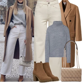 Outfity na zimu s Béžová/Khaki Džíny Volného Střihu/Džíny s Rozparkem/Džín s Širokou Nohavicí/Džíny Culottes Only "zimní outfit"