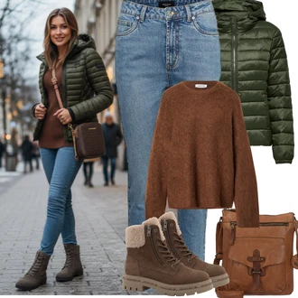 Horolezectví Outfit s Tmavě zelená/Zelená Prošívaná Bunda/Bunda z umělých vláken/Udržitelná bunda/Otočná Bunda/Podzimní bunda/Bunda s Kapucí/Nafukovací Bund/Letní peřová bunda/Puchová Bund/Sbalitelné Bund/Zimní Bund Only "zimní outfit"Look: Jízda na koni, Trekking, Horolezectví, Turistika