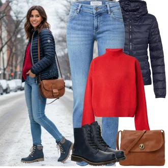 Outfit s Světle Modrá/Modrá Džíny s Rozparkem/Džín s Nízkým Pasem/Push up Džín/Kožené Boty/Slim Fit Džíny/Kotníková Bota/Džíny s Nízkým Sedem/Džíny Regular Fit/Kožená bunda/Zimní bunda Marc O'Polo "zimní outfit"