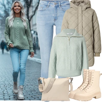 Lumberjack Outfit s Béžová/Khaki Šněrovací Kotníková Bota/Bota na Platformě/Klasická kozačka/Šněrovací Kozačka na Platformě/Bojová Bota About You "zimní oblečení"
