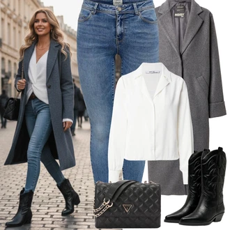 Outfit s Modrá/Světle Modrá/Tmavě Modrá Push up Džín/Džín s Nízkým Pasem/Kožené Boty/Navlékací džíny/Kotníková Bota/Džíny s Nízkým Sedem/Kožená bunda/Zimní bunda Only "zimní oblečení"