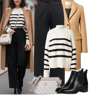 Outfity na zimu Pruhovaný s Krémová/Tmavě modrá/Bílá Svetr s límečkem/Svetr Carmen/Zimní Svetr/Svetr Niki/Pruhovaný Svetr About You "zimní oblečení"