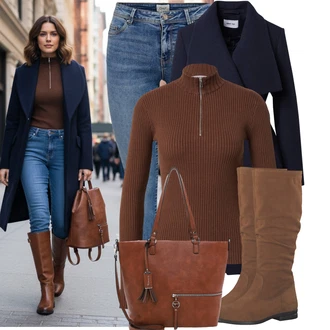 Outfit s Hnědá/Tmavě hnědá/Červená Sveter Svetr s límečkem/Svetr se zipem/Termo Svetr Edited "Zimní look" Outfit s Hnědá/Tmavě hnědá/Červená Sveter Svetr s límečkem/Svetr se zipem/Termo Svetr Edited "Zimní look"