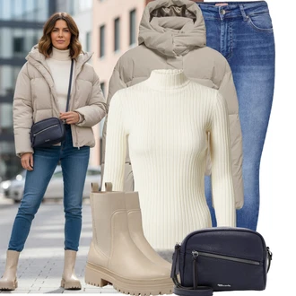 Outfit s Krémová/Bílá/Khaki/Béžová Sveter Svetr s límečkem/Rolák Edited "Zimní look" Outfit s Krémová/Bílá/Khaki/Béžová Sveter Svetr s límečkem/Rolák Edited "Zimní look"