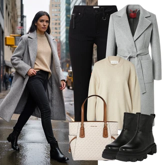 Jadranje outfit mit Bež/Rjava Poslovna torba/Vrečka za prenašanje/Previjalna torba/Torba za čez ramo/Pisarniška torba/Satchel torba/Torba za čez ramo/Nakupovalka MICHAEL Michael Kors "Zimski videz"Look: Tek, Jahanje, Čolnarjenje, Delovni, Jadranje