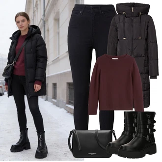 outfit mit Črna/Modra/Temno Modra Kavbojke Visokega Pasu/Kavbojke z Razporkom/Ženske 7/8 Kavbojke/Motoristične Kavbojke/Push up Kavbojke/Zimska jakna/Termodžinsi/Usnjene Čevlje levi's ® "Zimski videz"