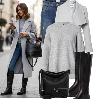 Outfity z džínu Zima s Šedá About You, Černá Ovčí Kožešinová Bota/Bota na Platformě/Jezdecká Bota/Dlouhá Kozačka/Klasická kozačka/Kozačka po Kolena/Bota se širokým nohavici/Kozačka se zipem Tamaris "Pohodlné zimní outfity"