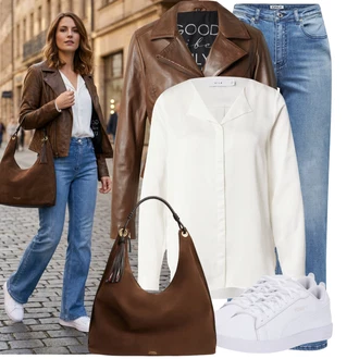 Kůže Outfit s Krémová/Bílá Nízká Teniska/Kožené Tenisky/Úzká Teniska Puma "Cool každodenní outfit"