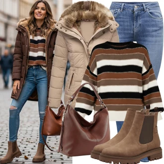 Móda pro plnoštíhlé Outfit s Béžová/Hnědá/Khaki Jednoduchý Svetr/Svetr s kapucí/Zimní Svetr/Vlněný Svetr/Svetr se zipem/Svetry 2 v 1/Svetr Niki About You "Cool zimní outfit"