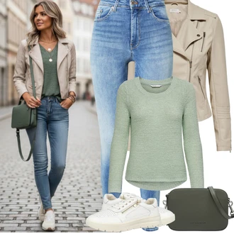 Styl Outfit s Světle modrá/Modrá Kožená bunda/High Waist Džínové Kalhoty/Push up Džín/Kožená Pánská Bund/Zimní bunda/Džíny s Rozparkem/Kotníková Bota/Navlékací džíny/Džíny s Dírou/Kožené Boty VERO MODA "Jarní Outfit"