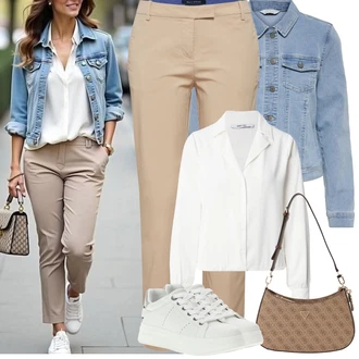 7/8 délka Outfit s Světle modrá/Modrá Krátké Džínové Bundičky/Džínové Bund Only, Béžová/Hnědá/Khaki Kalhoty se Štěrbinou/Obleková Kalhoty/Rovná Kalhoty/Twillová Kalhoty/Úzká Kalhoty/Bengaline Kalhoty/Paperbag Kalhoty/Skinny Kalhoty/Ležérní Kalhoty/Boyfriend Kalhoty Marc O'Polo "Jarní Outfit"