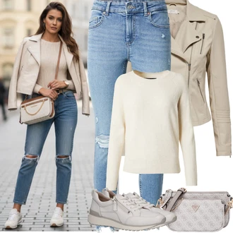 Outfit s Khaki/Hnědá/Béžová Kožené Bund Bunda z Umělé Kůže/Motorkářská bunda/Motorkářské Bund/Bunda s Bočním Zipem Only "Jarní Outfit"