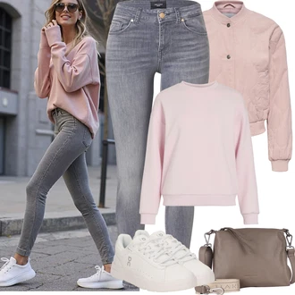 Outfity pro jaro Old Money s Šedá/Světle šedá Jeggings/Džínové Legíny/Skinny Kalhoty VERO MODA "Jarní Outfit"Look: Styl, Cool, Disko, Krásný, Old Money, Bezešvé