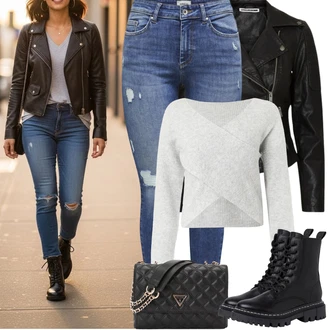 Přechodné Outfit s Černá/Tmavě zelená Motorkářská bunda/Motorkářské Bund/Kožené Bund Bunda z Umělé Kůže Noisy may "Jarní Outfit"