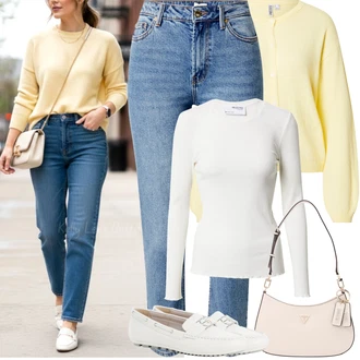 Styl Outfit s Modrá/Světle modrá Mom Jean/High Waist Džínové Kalhoty/Zužující se Džíny/Kožená Pánská Bund/Zimní bunda/Džíny s Rozparkem/Zkrácené Džíny/Kotníková Bota/Girlfriend Džíny Only "Jarní Outfit"