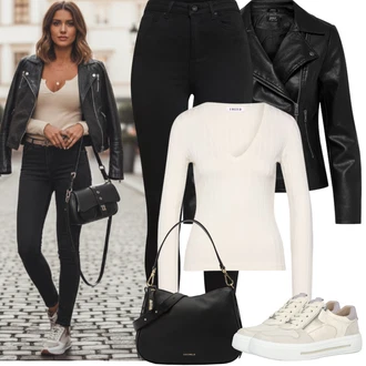 7/8 délka Outfit s Černá Bunda z Umělé Kůže/Bunda s Bočním Zipem/Kožené Bund/Motorkářská bunda/Motorkářské Bund Only, Černá Legíny s Vysokým Pasem/Jeggings/Legíny s Rozparkem/Tregíny/Džínové Legíny/Skinny Kalhoty VERO MODA "Jarní Outfit"