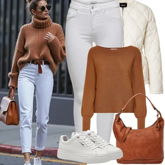 Outfit s Šedá/Krémová/Bílá/Stříbrný Bota Teniska na platformě/Nízká Teniska/Kožené tenisky/Úzká teniska Tamaris "Jarní Outfit"