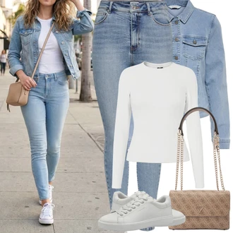 Styl Outfit s Modrá/Světle modrá Dámské Džíny s Délkou 7/8/Kožená bunda/High Waist Džínové Kalhoty/Push up Džín/Džíny s Rozparkem/Zkrácené Džíny/Kotníková Bota/Navlékací džíny Only "Jarní Outfit"