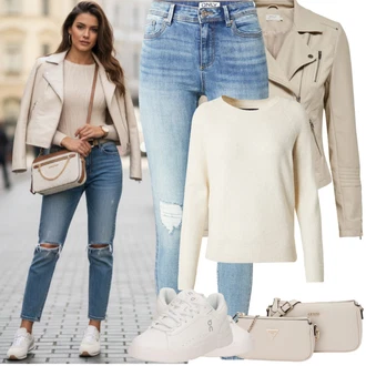 Přechodné Outfit s Khaki/Hnědá/Béžová Kožené Bund Bunda z Umělé Kůže/Motorkářská bunda/Motorkářské Bund/Bunda s Bočním Zipem Only "Jarní Outfit"