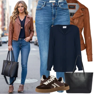 Baseball Outfit s Tmavě modrá Kožená bunda pro muže/Hedvábná Halenka/Businessová Halenka/Jednobarevná Halenka/Halenka s Dlouhým Rukávem/Halenkové Body/Žehlení odolná blůza/Slip-on Halenka/Blůza s knoflíčkem/Halenka se Stojatým Límcem Vila "Jarní Outfit"Look: Volný čas, Baseball, Pracovní