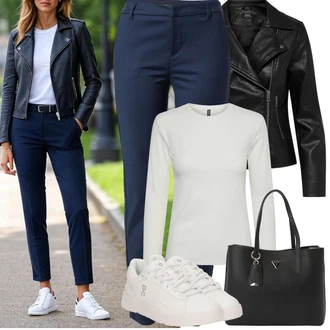 7/8 délka Outfit s Černá Bunda z Umělé Kůže/Bunda s Bočním Zipem/Kožené Bund/Motorkářská bunda/Motorkářské Bund Only, Tmavě modrá/Modrá Nezařazené VERO MODA "Jarní Outfit"