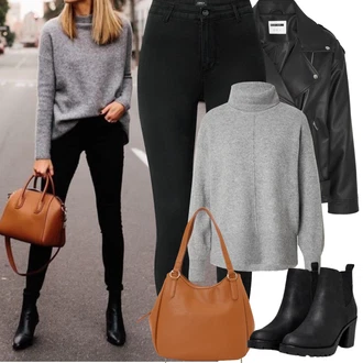 Outfit s Černá Kotníková Bota s Podšívkou/Kožená Kotníková Bota/Chelsea Boty/Gumová Kotníková Bota/Kožená bunda Only "Jarní Outfit"