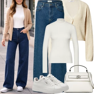 Kůže Outfit s Šedá/Krémová/Bílá/Stříbrný Nízká Teniska/Teniska na platformě/Kožené Tenisky/Úzká Teniska Tamaris "Jarní Outfit"