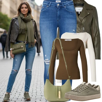 7/8 délka Outfit s Modrá Kožené bundy/Džíny s Dírou/Kotníková Bota/Džíny s Rozparkem/Kožená bunda/Push up Džín Only "Jarní Outfit"