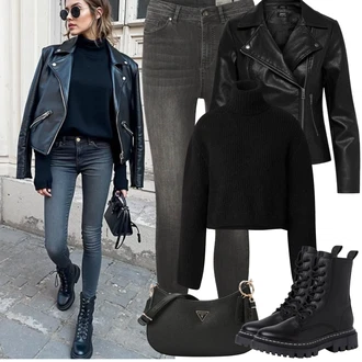 Outfit s Černá Bunda z Umělé Kůže/Bunda s Bočním Zipem/Kožené Bund/Motorkářská bunda/Motorkářské Bund Only "Jarní Outfit"